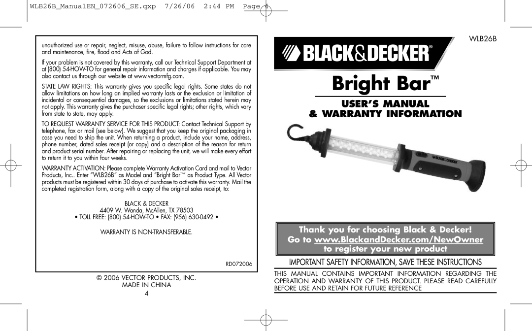 Black & Decker WLB26B user manual Bright Bar 