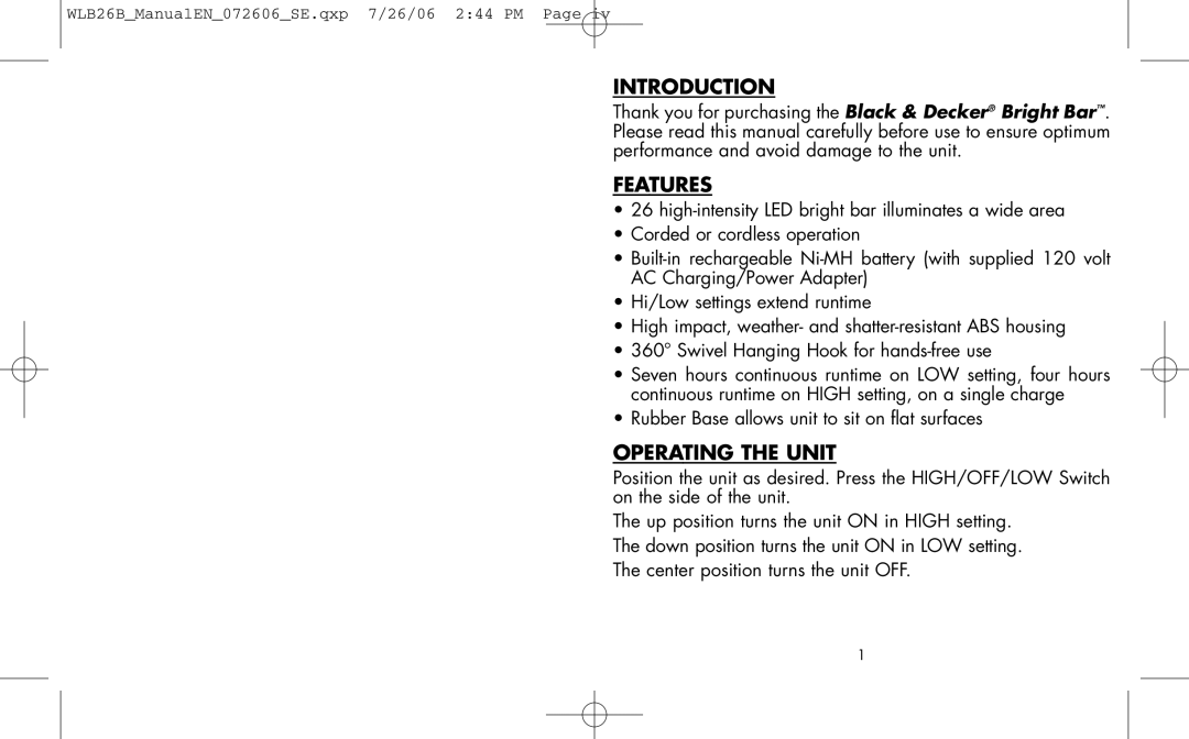 Black & Decker WLB26B user manual Introduction, Features, Operating the Unit 