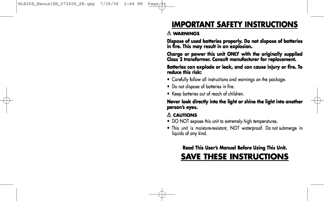 Black & Decker WLB26B user manual Important Safety Instructions, Save These Instructions 