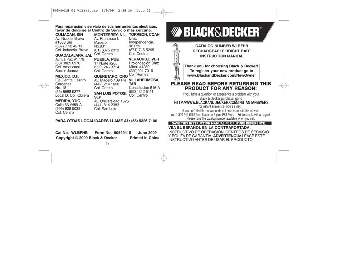 Black & Decker WLBFHB instruction manual Catalog Number Wlbfhb Rechargeable Bright BAR 