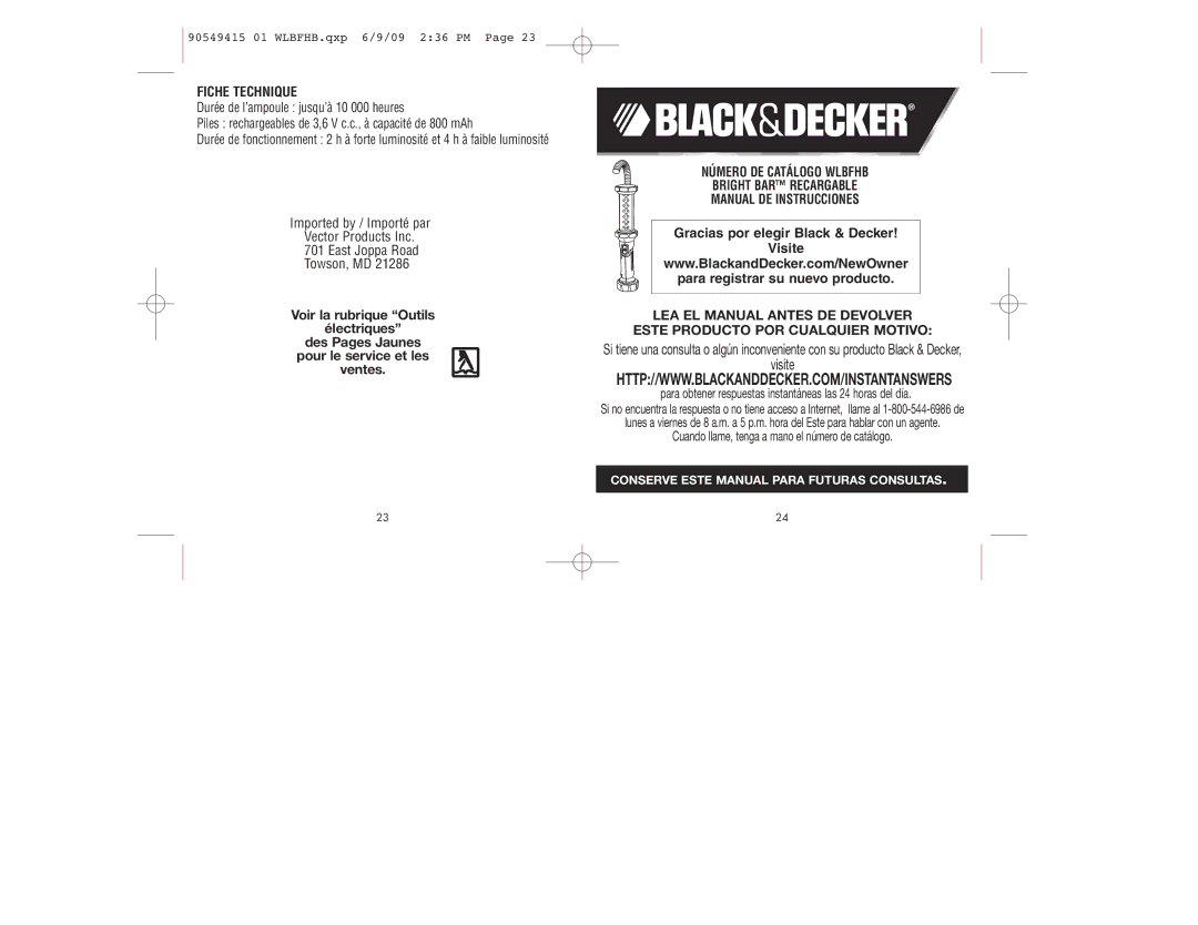 Black & Decker WLBFHB instruction manual Fiche Technique 