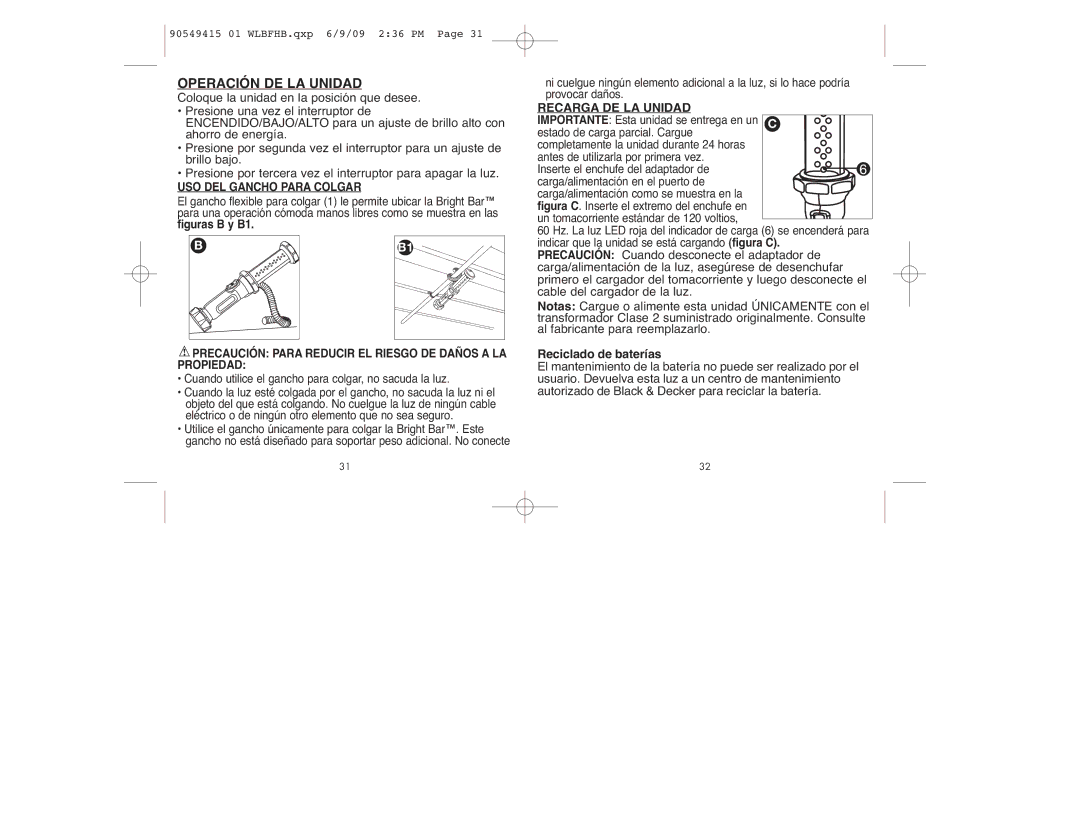 Black & Decker WLBFHB instruction manual Recarga DE LA Unidad, Reciclado de baterías, USO DEL Gancho Para Colgar 