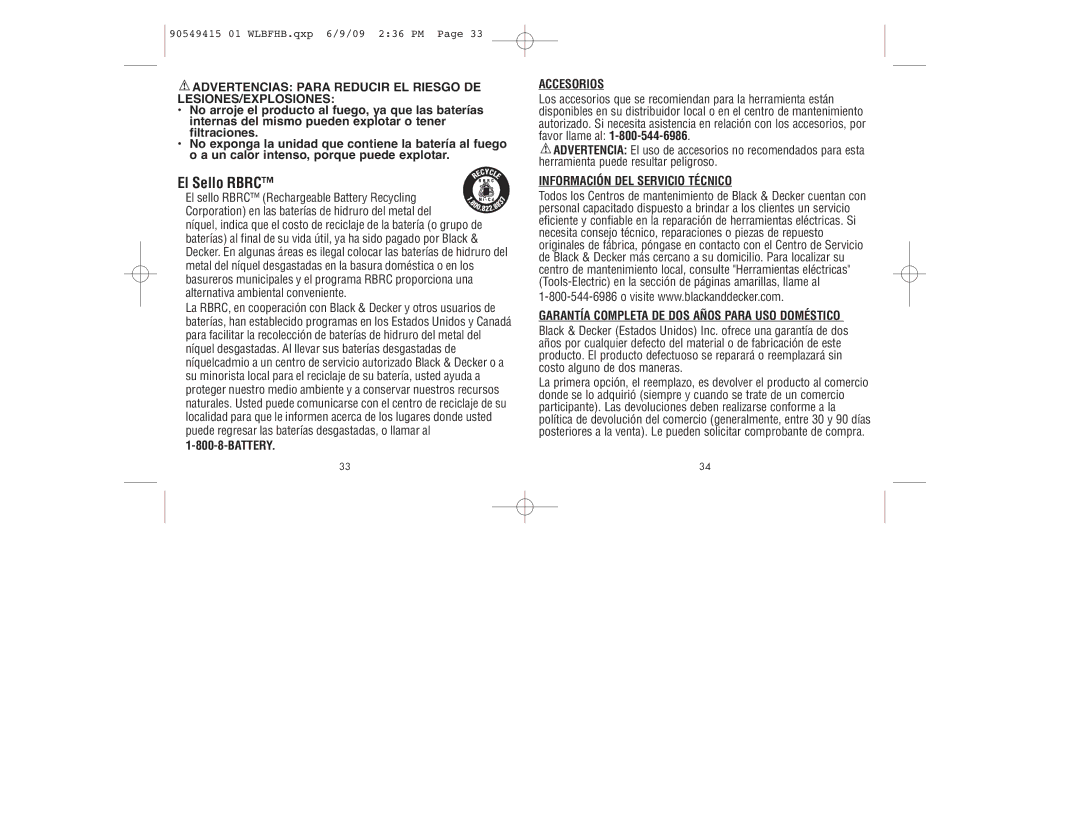 Black & Decker WLBFHB instruction manual Advertencias Para Reducir EL Riesgo DE LESIONES/EXPLOSIONES, Battery, Accesorios 