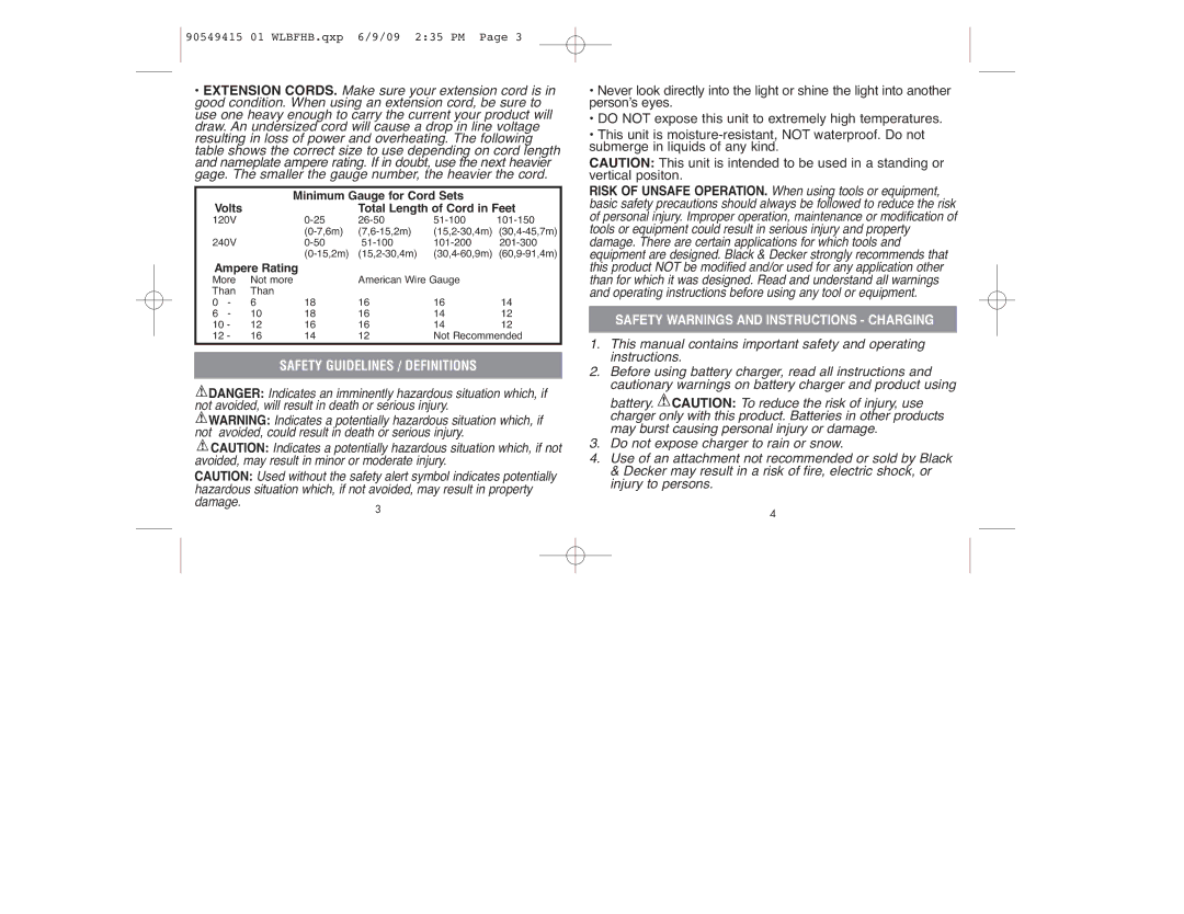 Black & Decker WLBFHB instruction manual Safety Guidelines / Definitions, Total Length of Cord in Feet 