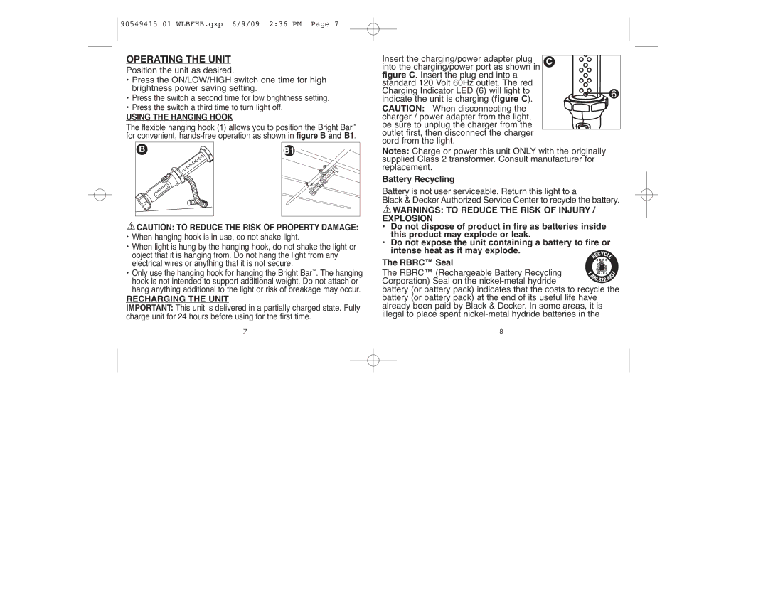 Black & Decker WLBFHB instruction manual Battery Recycling, Recharging the Unit, Using the Hanging Hook 