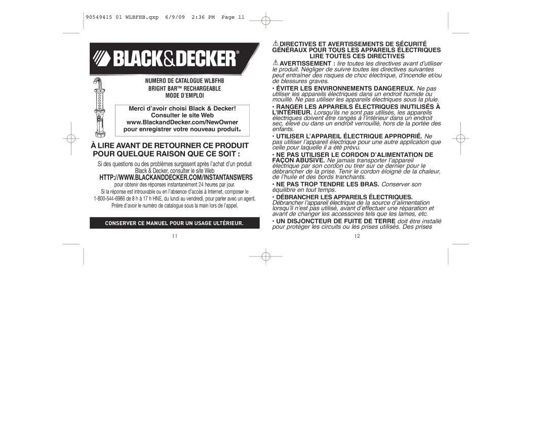 Black & Decker WLBFHB instruction manual Merci d’avoir choisi Black & Decker Consulter le site Web 