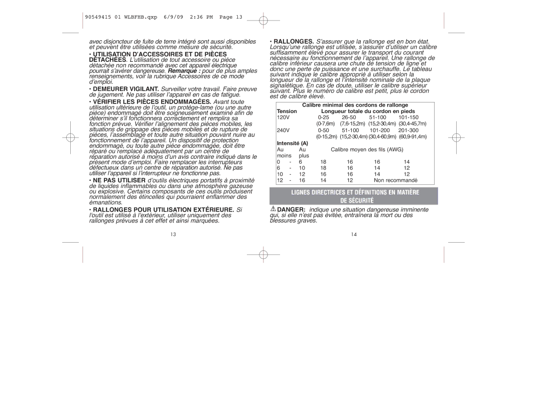 Black & Decker WLBFHB Lignes Directrices ET Définitions EN Matière DE Sécurité, Longueur totale du cordon en pieds 