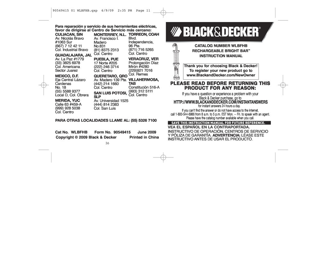 Black & Decker instruction manual Cat No. WLBFHB, Form No. 90549415 June, Copyright, Black & Decker 