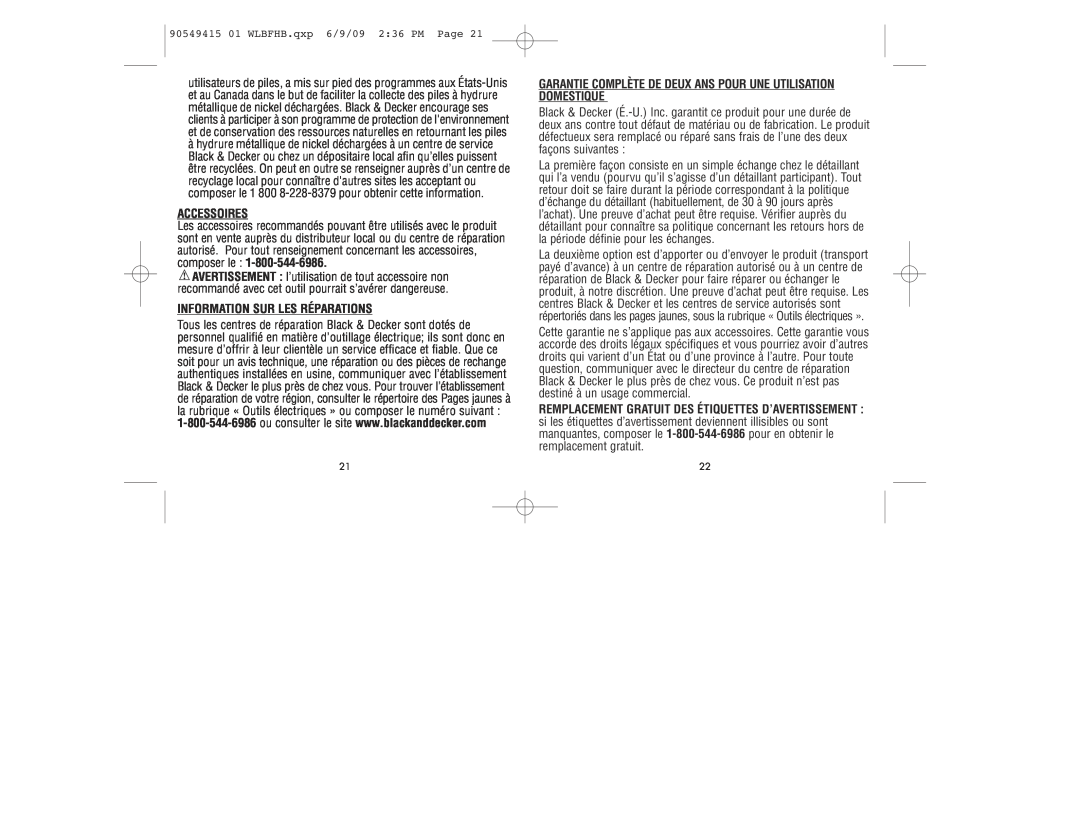 Black & Decker Accessoires, Information Sur Les Réparations, 90549415 01 WLBFHB.QXP 6/9/09 236 PM PAGE 