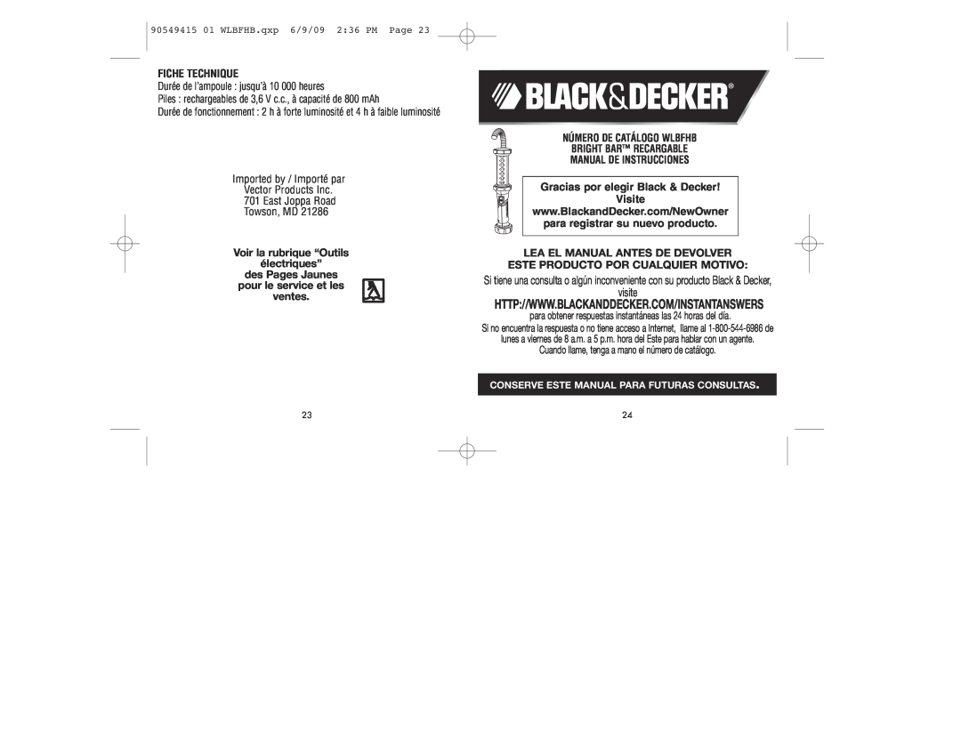 Black & Decker Fiche Technique, 90549415 01 WLBFHB.QXP 6/9/09 236 PM PAGE, Manual De Instrucciones, visite 