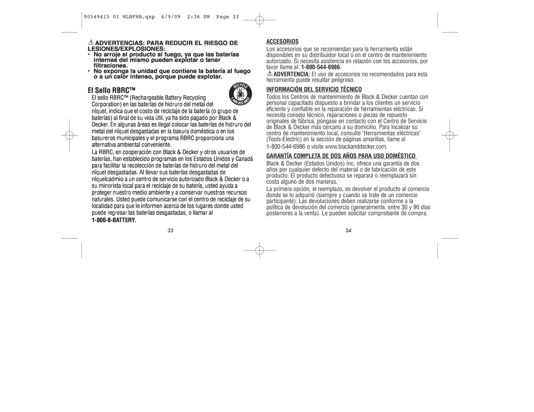Black & Decker WLBFHB instruction manual Advertencias Para Reducir El Riesgo De Lesiones/Explosiones, Battery, Accesorios 