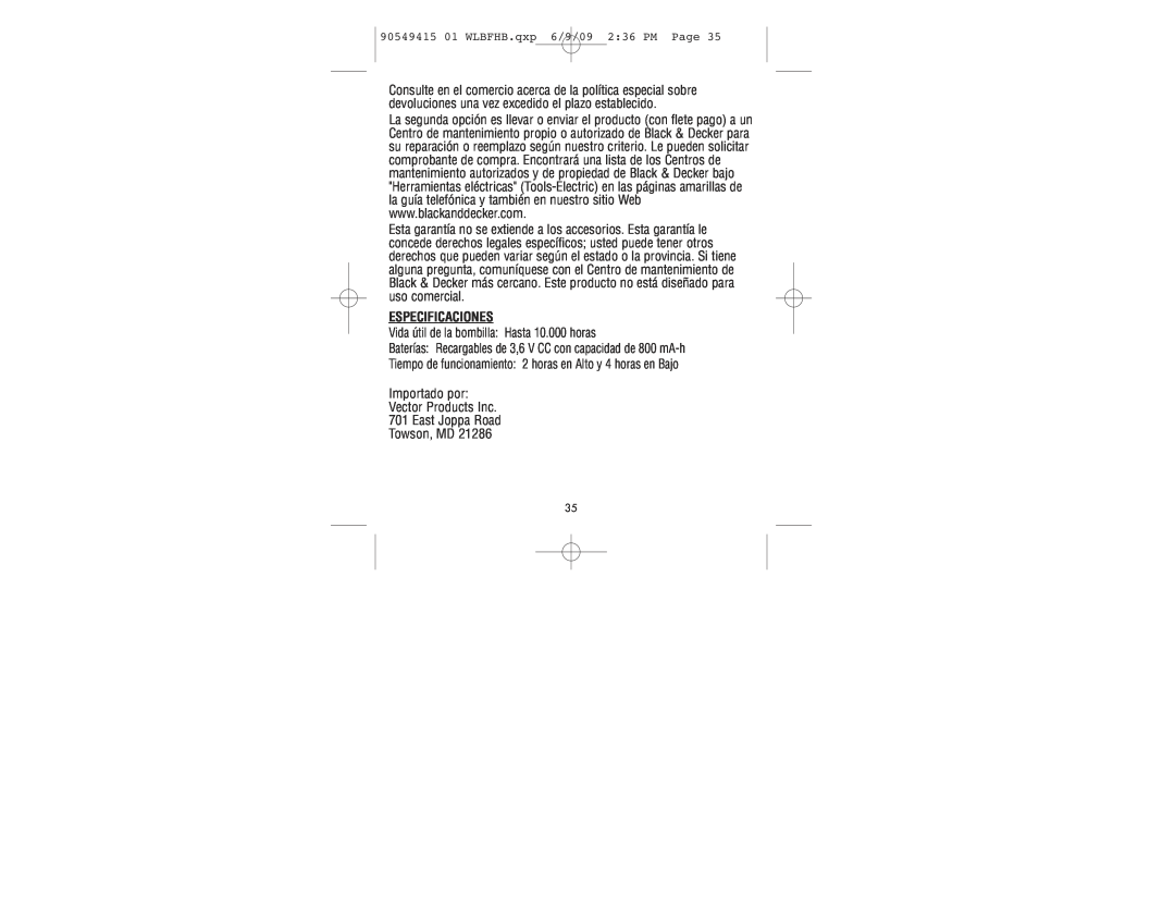 Black & Decker instruction manual Especificaciones, 90549415 01 WLBFHB.QXP 6/9/09 236 PM PAGE 