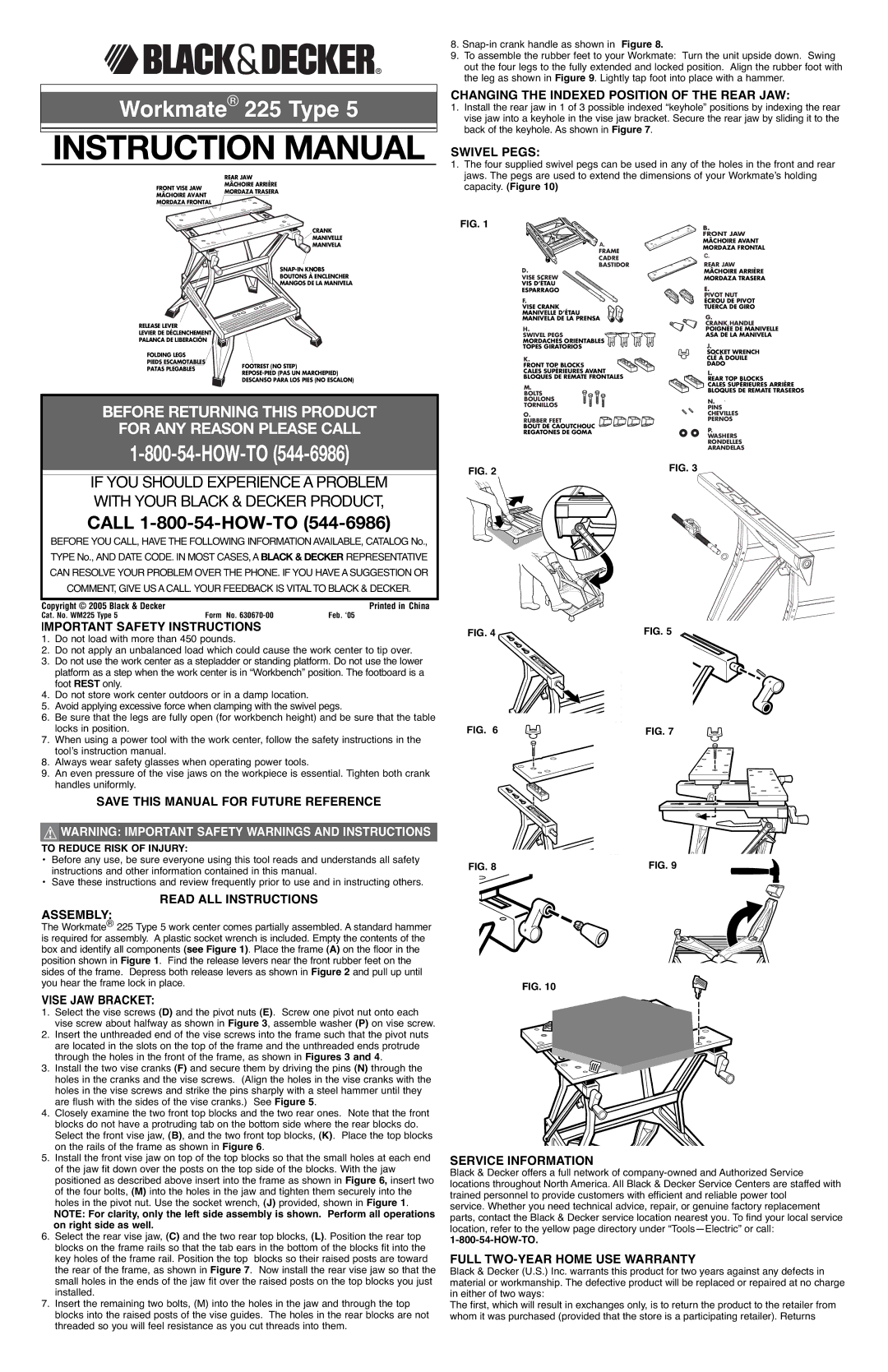 Black & Decker WM225 Type 5 instruction manual Changing the Indexed Position of the Rear JAW, Swivel Pegs 