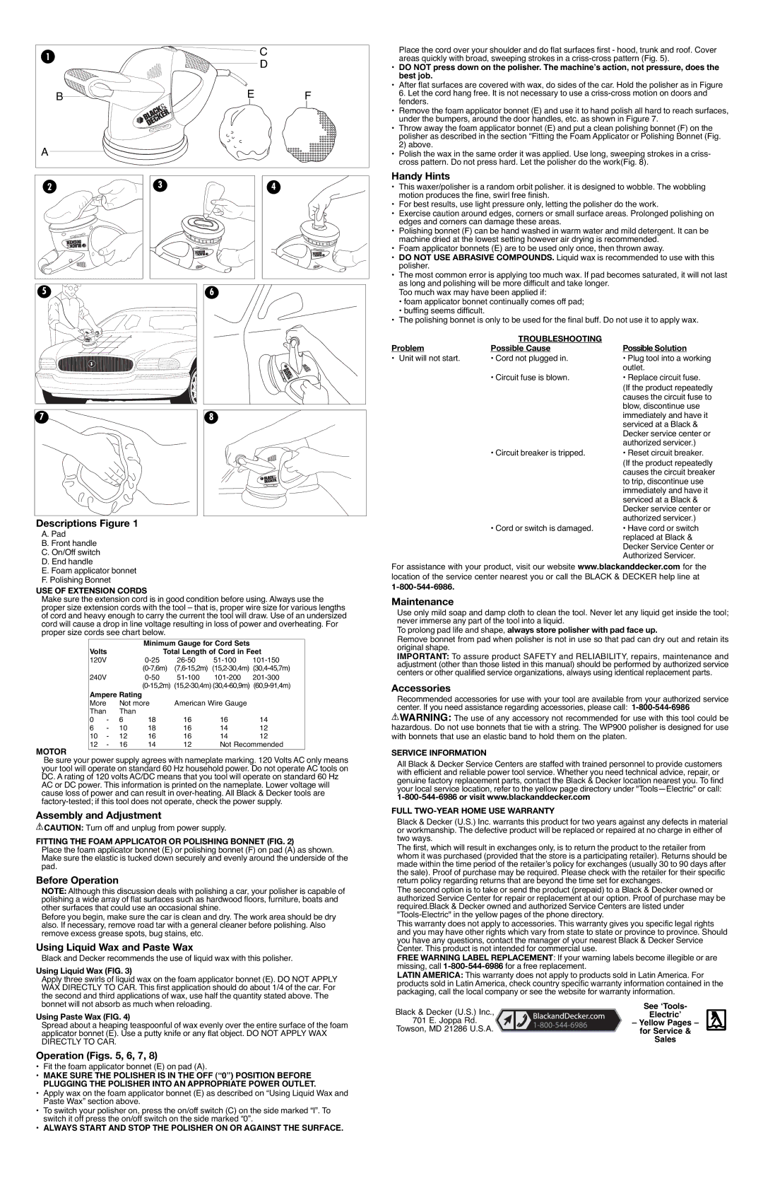 Black & Decker WP900 Descriptions Figure, Assembly and Adjustment, Before Operation, Using Liquid Wax and Paste Wax 