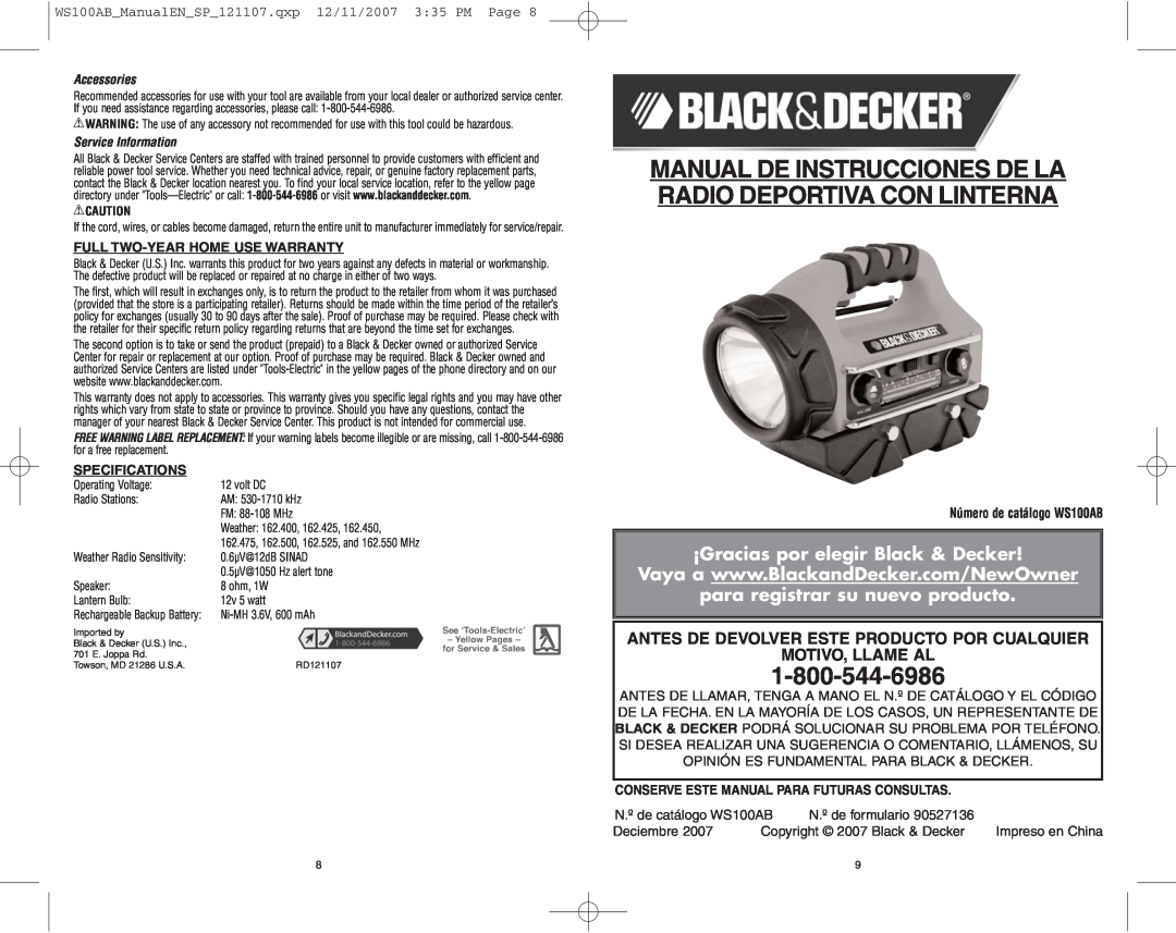 Black & Decker 90527136 Antes De Devolver Este Producto Por Cualquier, Motivo, Llame Al, Accessories, Service Information 