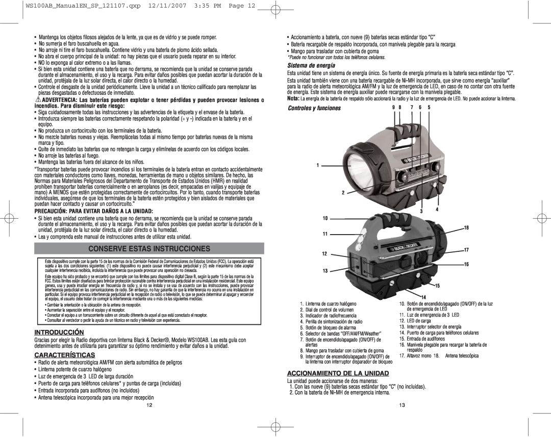 Black & Decker 90527136, WS100AB Conserve Estas Instrucciones, Sistema de energía, Controles y funciones, Introducción 