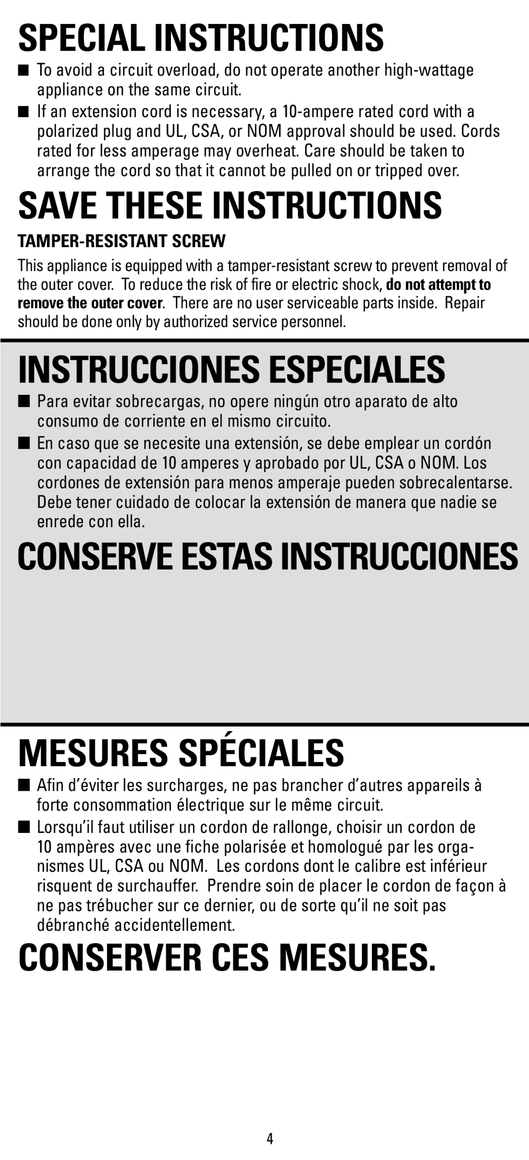 Black & Decker X300 Series, X400 Series manual Special Instructions, TAMPER-RESISTANT Screw 