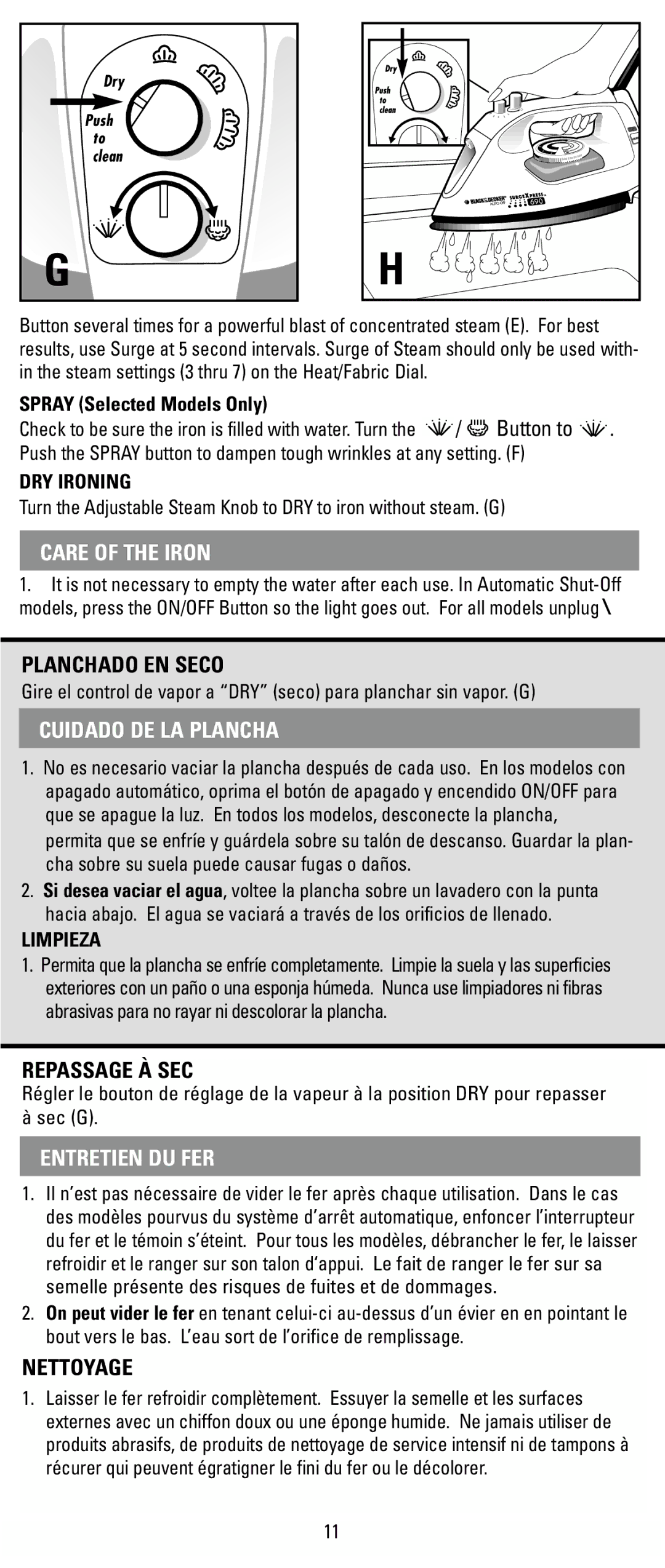 Black & Decker X500 Series, X600 Series manual Care of the Iron, Cuidado DE LA Plancha, Entretien DU FER 