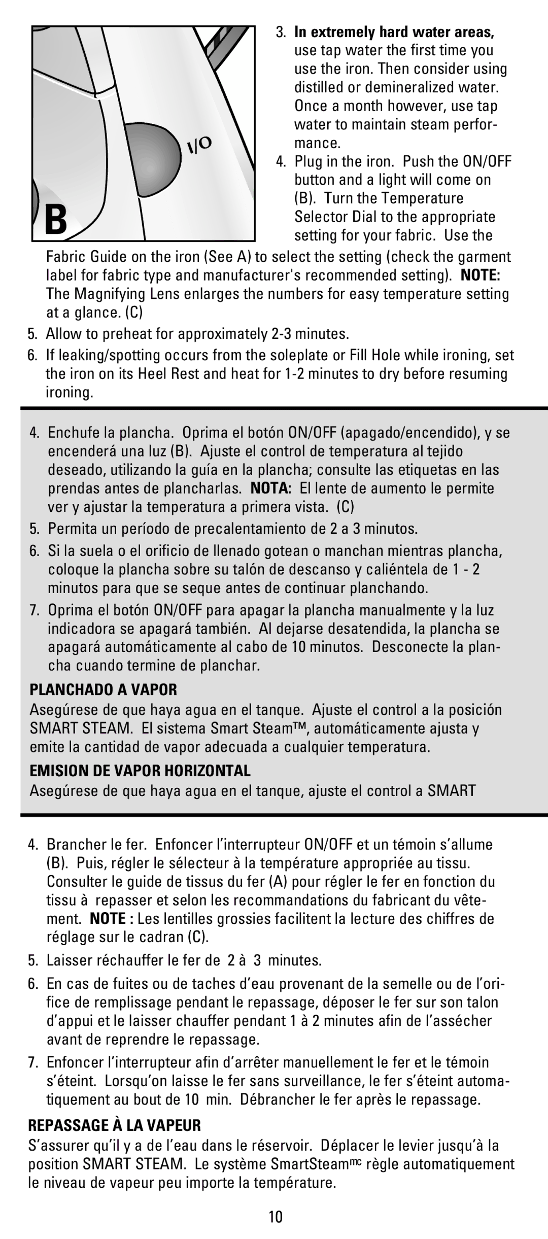 Black & Decker X800, X700 manual Planchado a Vapor, Emision DE Vapor Horizontal, Repassage À LA Vapeur 