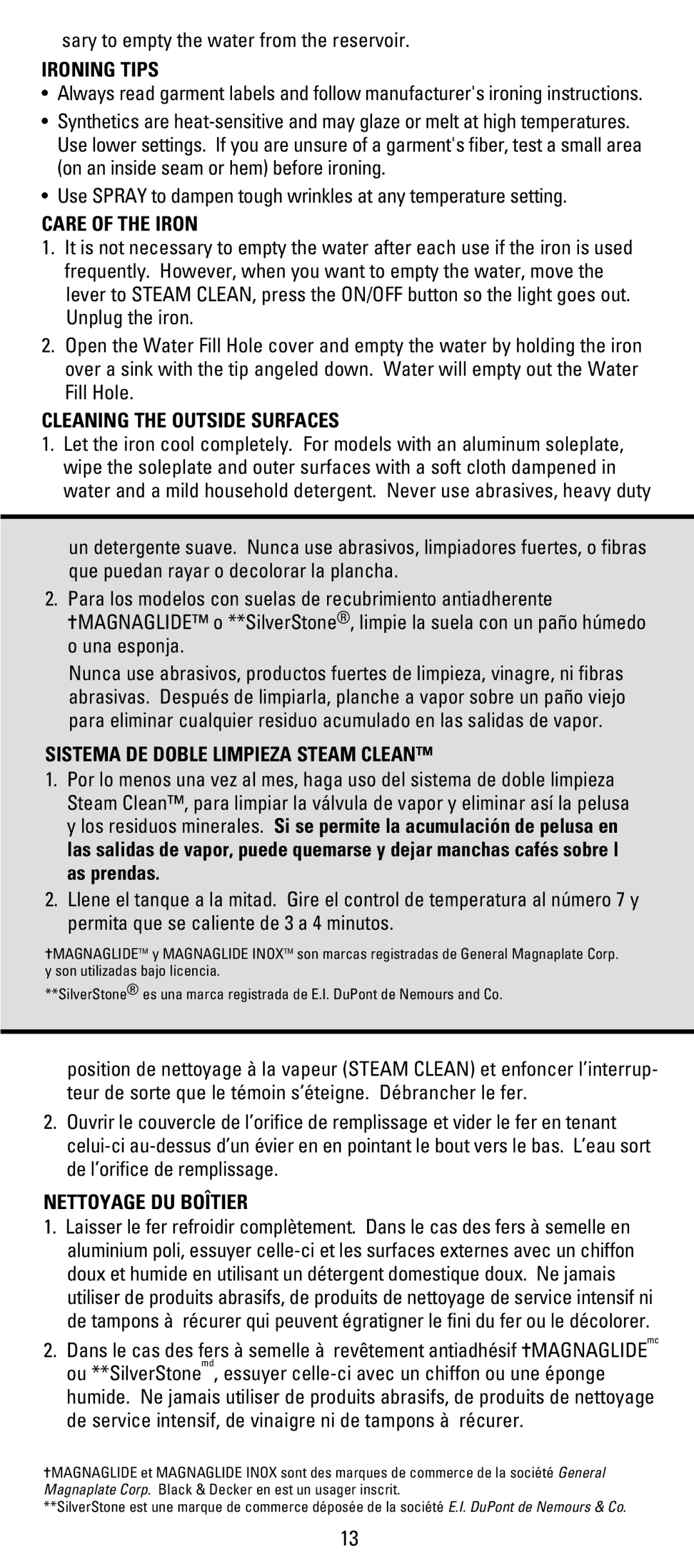 Black & Decker X700 Ironing Tips, Care of the Iron, Cleaning the Outside Surfaces, Sistema DE Doble Limpieza Steam Clean 