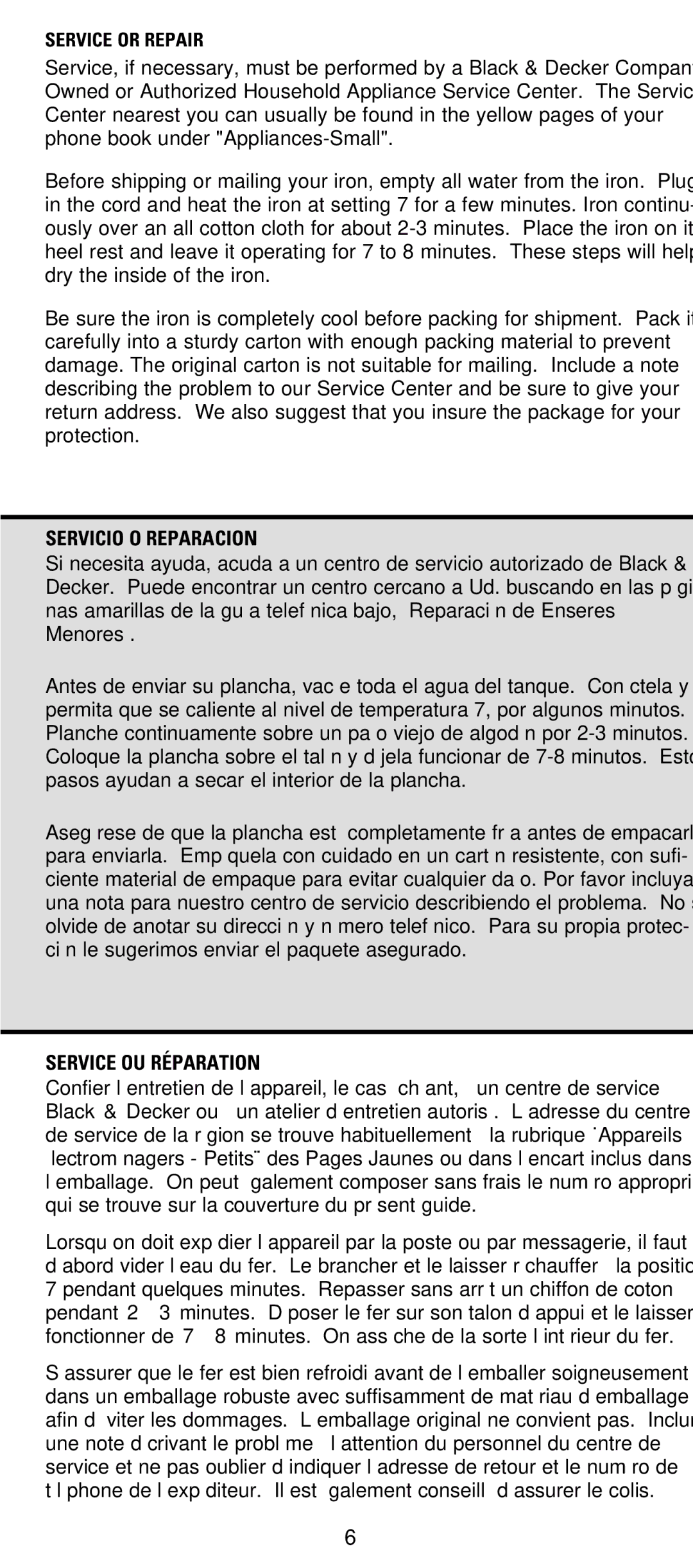 Black & Decker X800, X700 manual Servicio O Reparacion, Service OU Réparation 