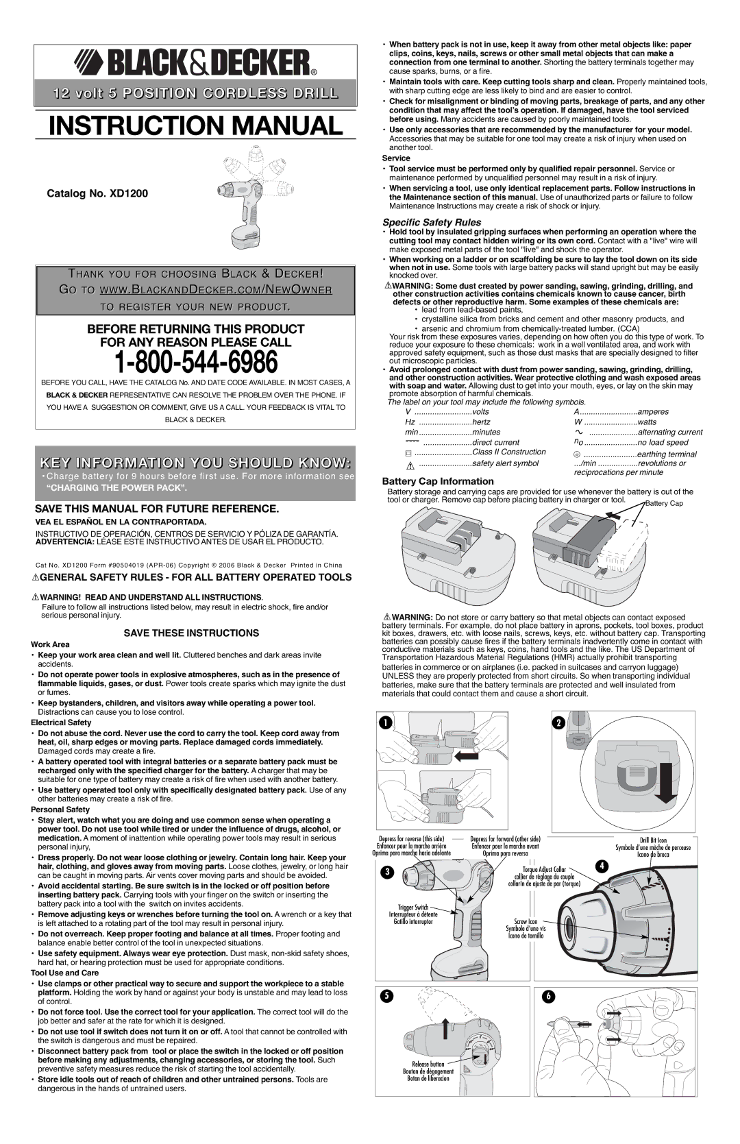 Black & Decker 90504019, XD1200 instruction manual KEY Information YOU should Know, Save this Manual for Future Reference 