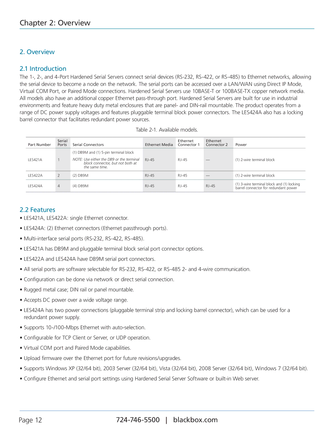 Black Box LES422A, LES424A, LES421A, 1-, 2-, and 4-Port Hardened Serial Servers manual Overview Introduction, Features 