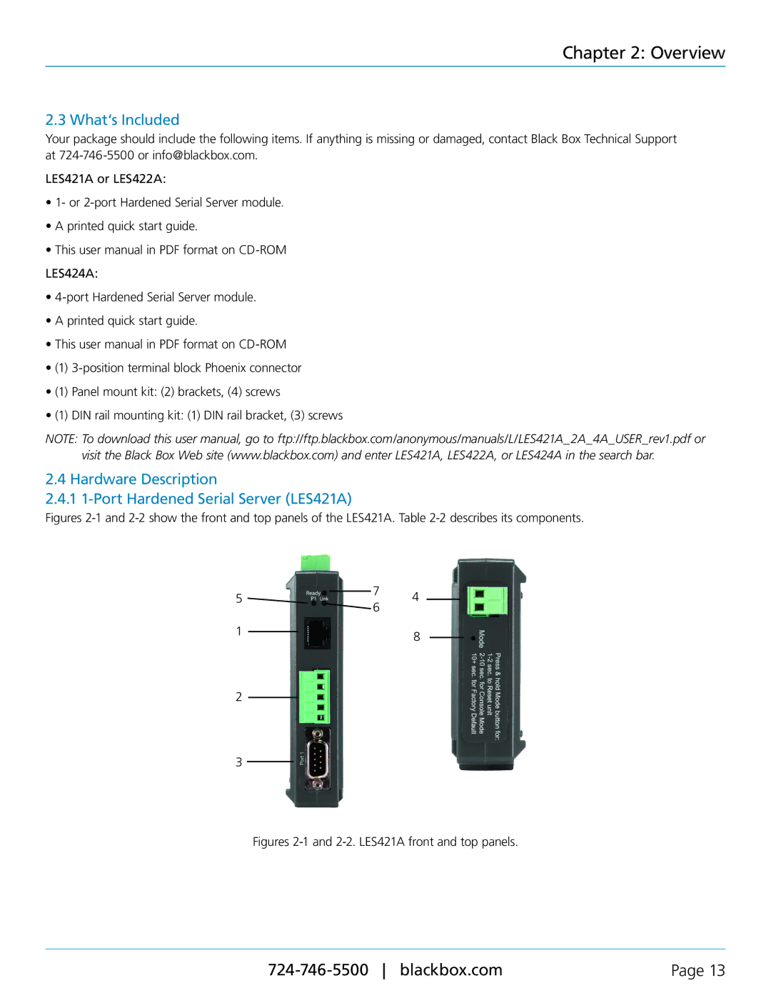 Black Box LES424A, LES422A manual What‘s Included, Hardware Description 1 1-Port Hardened Serial Server LES421A 