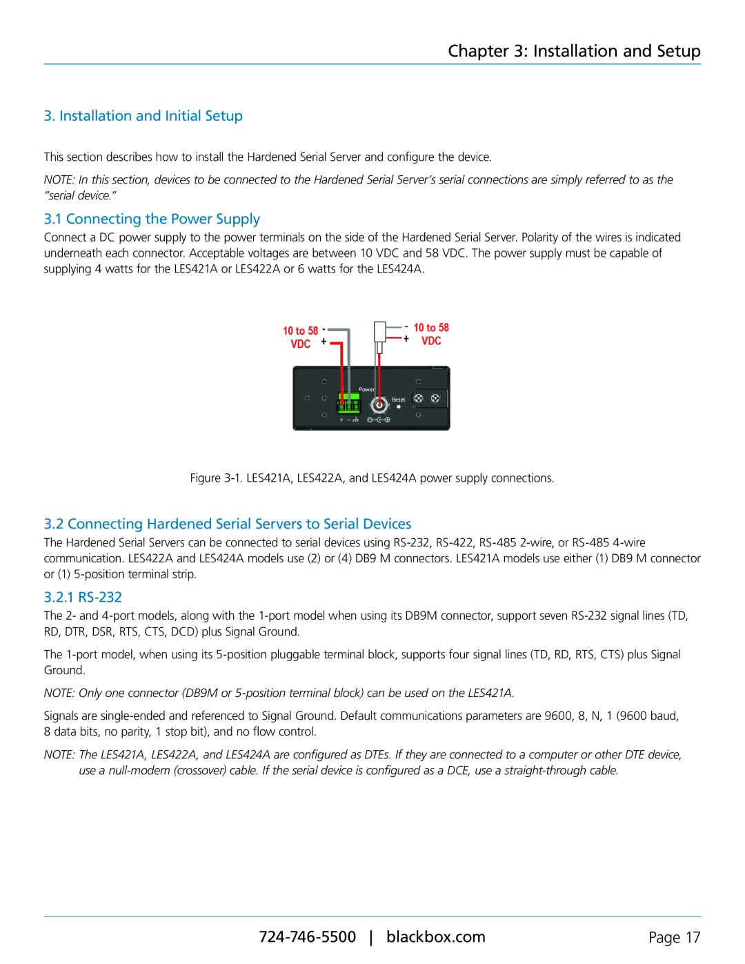 Black Box LES424A, LES422A Installation and Setup, Installation and Initial Setup, Connecting the Power Supply, 1 RS-232 