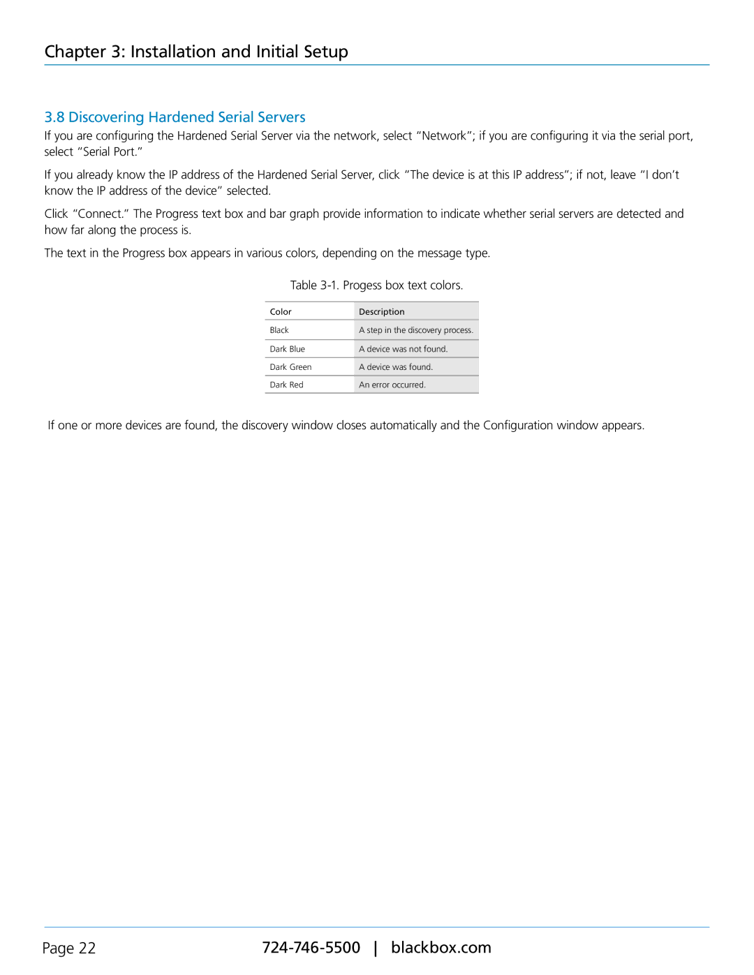 Black Box LES421A, LES422A, LES424A, 1-, 2-, and 4-Port Hardened Serial Servers manual Discovering Hardened Serial Servers 