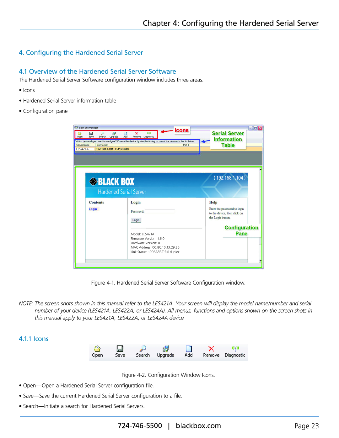 Black Box 1-, 2-, and 4-Port Hardened Serial Servers, LES422A, LES424A manual Configuring the Hardened Serial Server, Icons 