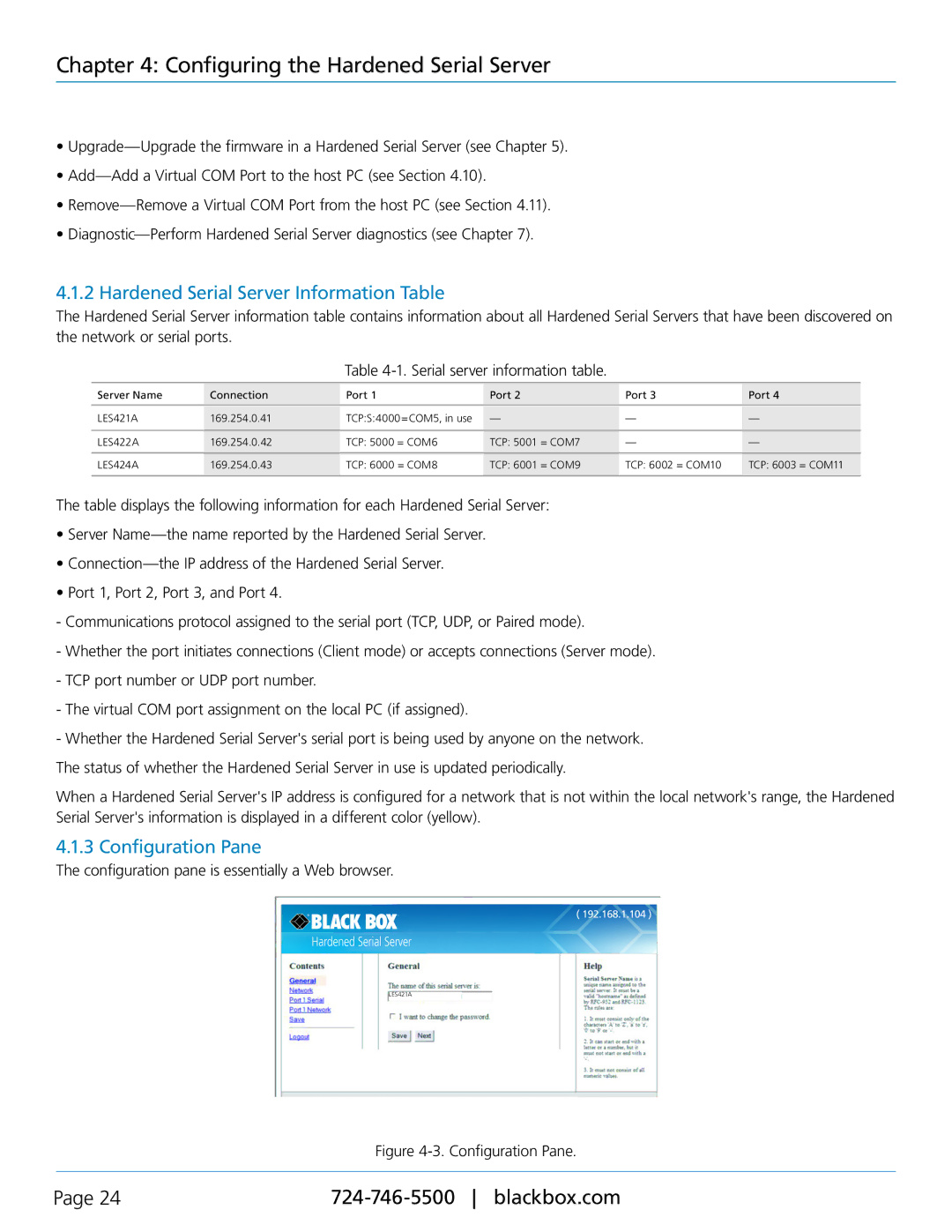 Black Box LES422A, LES424A, LES421A manual Hardened Serial Server Information Table, Configuration Pane 