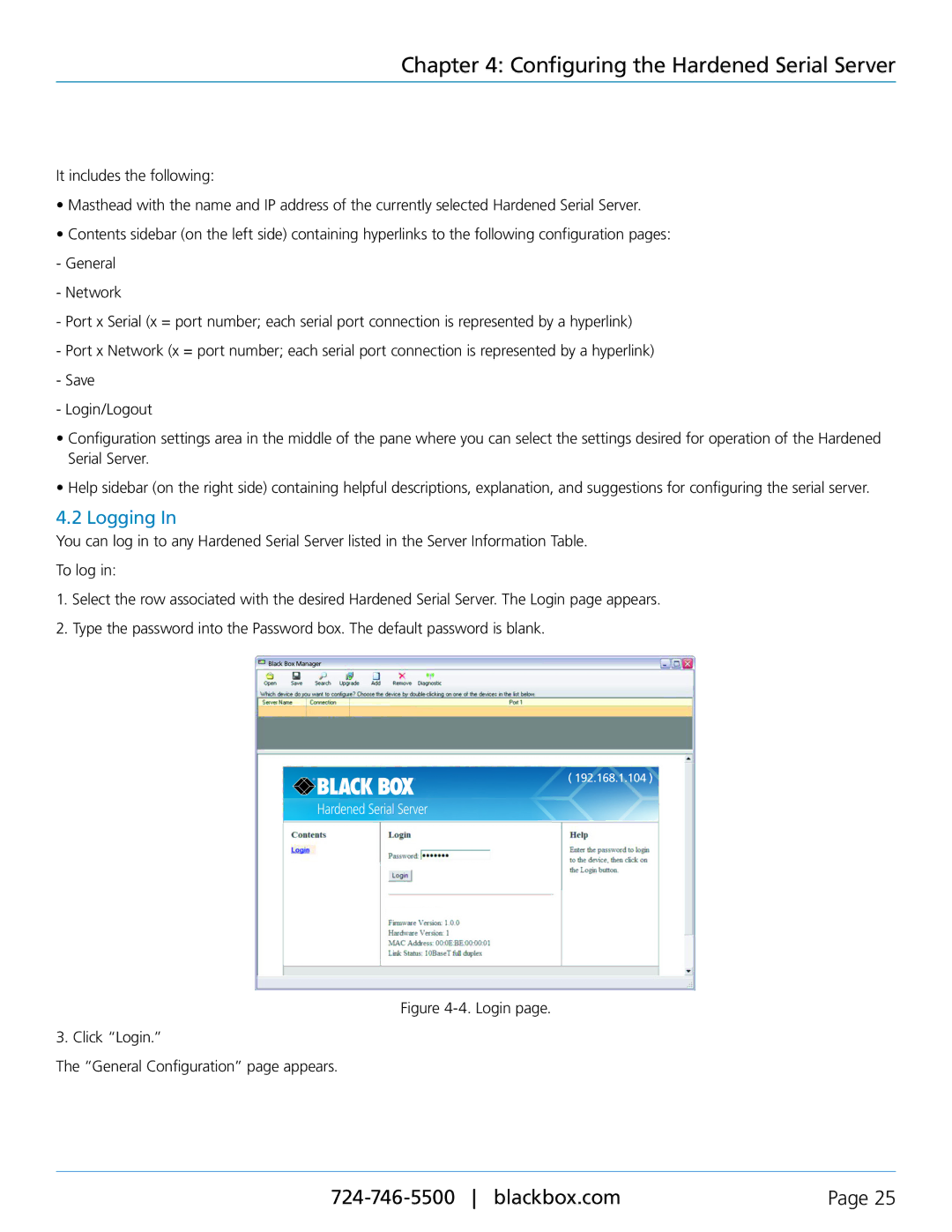 Black Box LES424A, LES422A, LES421A manual Logging, Login Click Login General Configuration page appears 