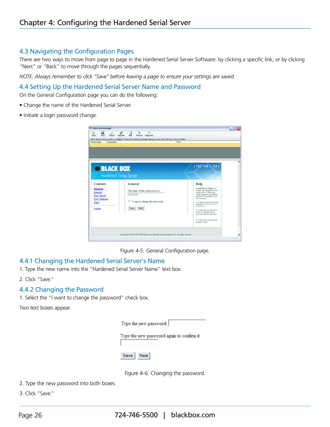 Black Box LES421A, LES422A Navigating the Configuration Pages, Setting Up the Hardened Serial Server Name and Password 