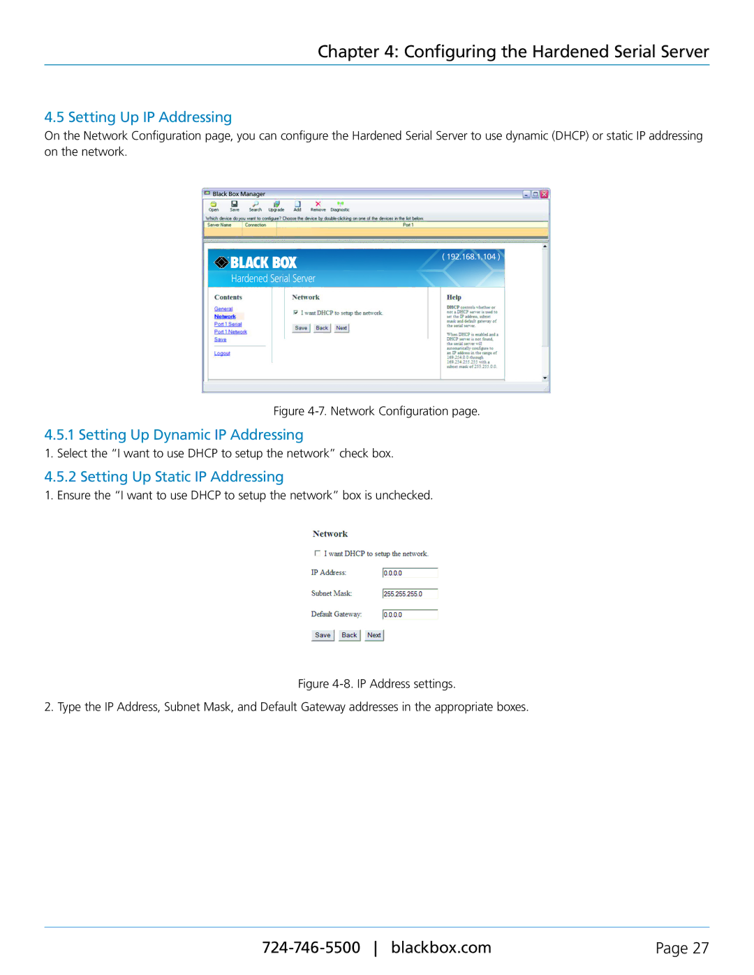 Black Box 1-, 2-, and 4-Port Hardened Serial Servers, LES422A Setting Up IP Addressing, Setting Up Dynamic IP Addressing 