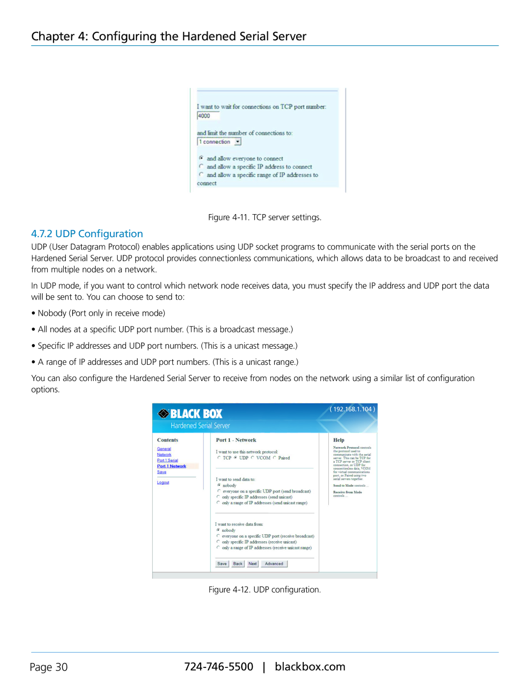 Black Box LES421A, LES422A, LES424A, 1-, 2-, and 4-Port Hardened Serial Servers manual UDP Configuration, TCP server settings 