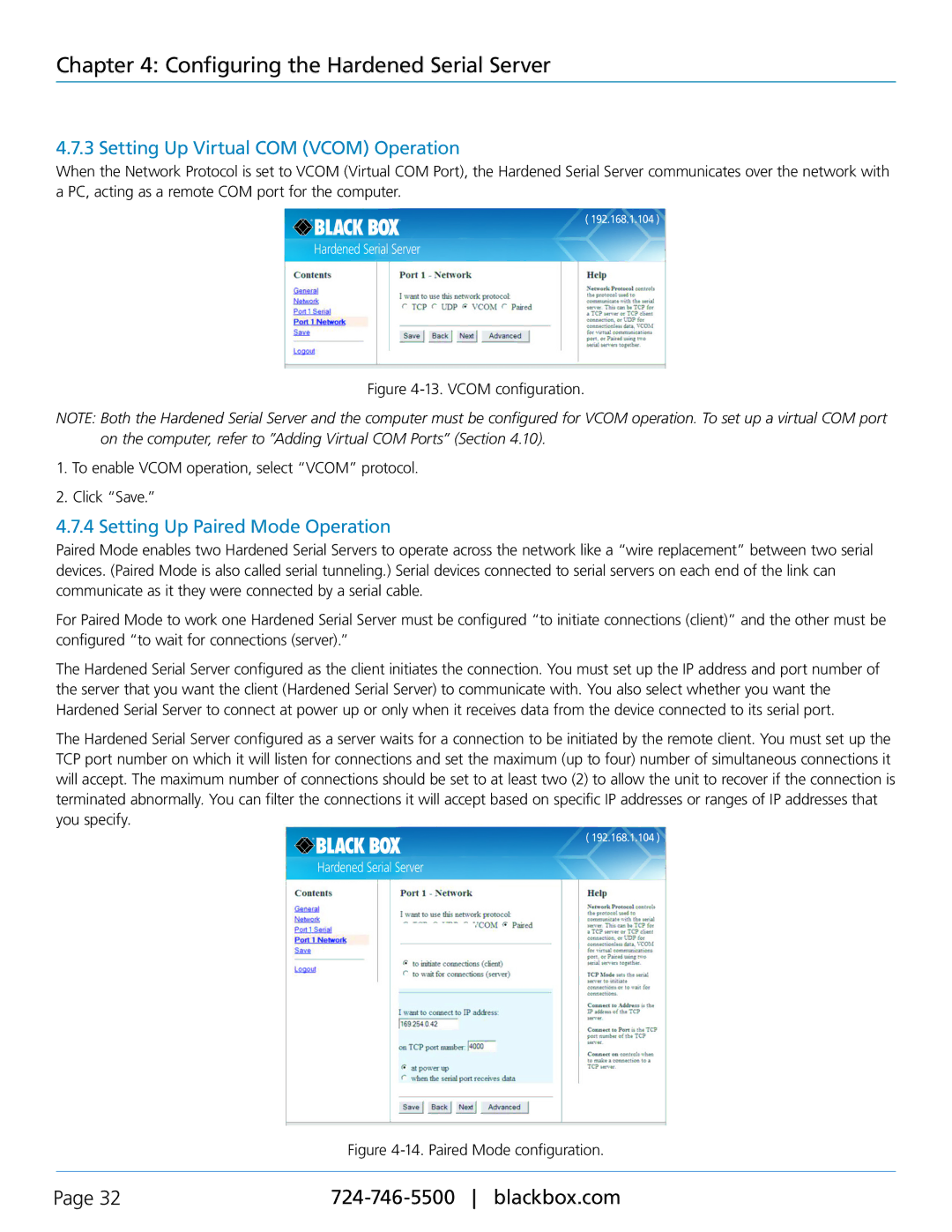 Black Box LES422A, LES424A, LES421A manual Setting Up Virtual COM Vcom Operation, Setting Up Paired Mode Operation 