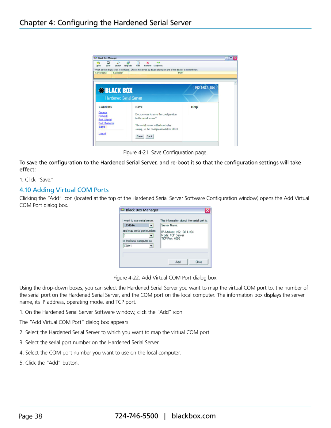 Black Box LES421A, LES422A, LES424A, 1-, 2-, and 4-Port Hardened Serial Servers manual Adding Virtual COM Ports 