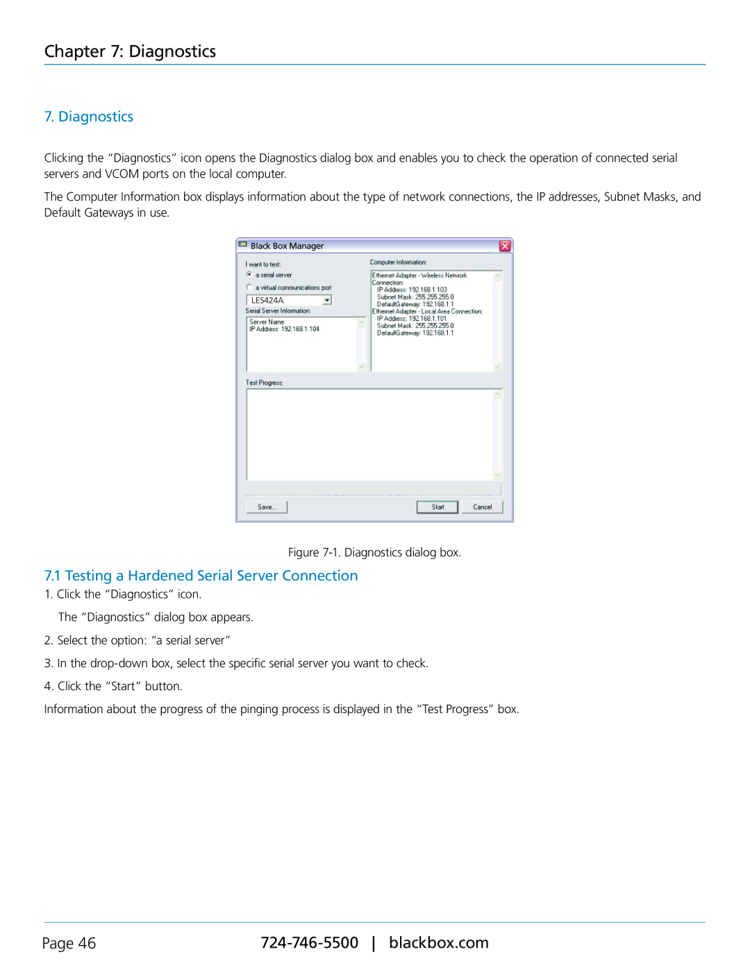 Black Box LES421A, LES422A, LES424A manual Diagnostics, Testing a Hardened Serial Server Connection 