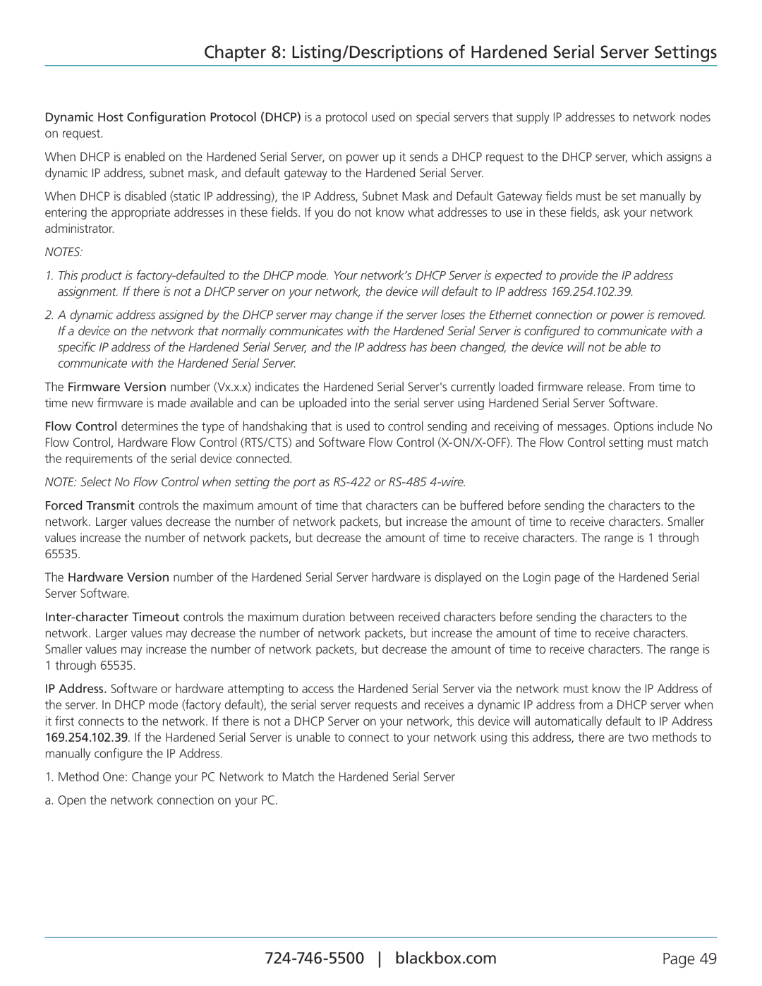 Black Box LES424A, LES422A, LES421A manual Listing/Descriptions of Hardened Serial Server Settings 