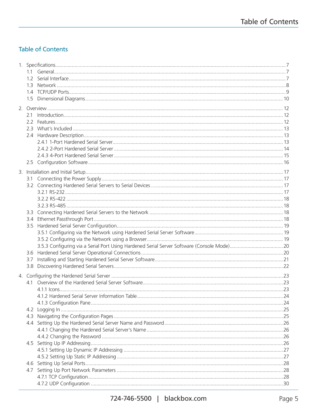 Black Box LES424A, LES422A, LES421A, 1-, 2-, and 4-Port Hardened Serial Servers manual Table of Contents 