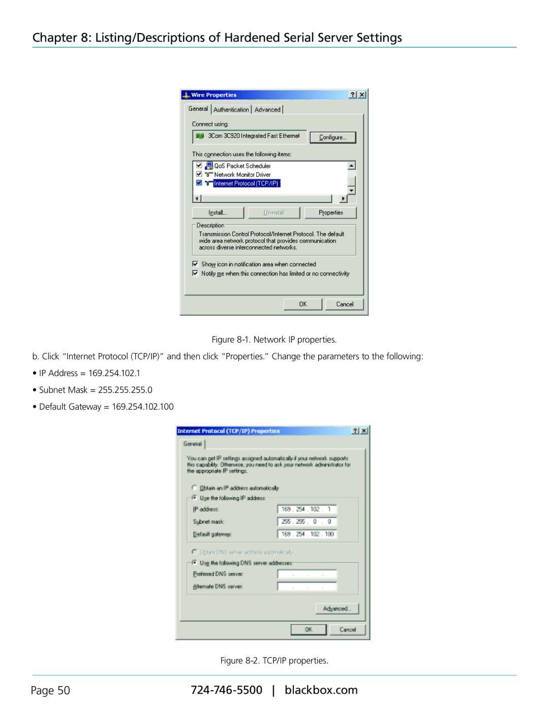 Black Box LES421A, LES422A, LES424A, 1-, 2-, and 4-Port Hardened Serial Servers manual TCP/IP properties 