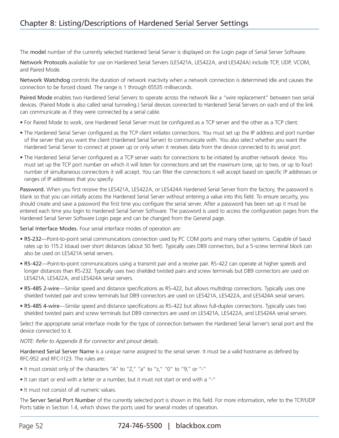 Black Box LES422A, LES424A, LES421A manual Listing/Descriptions of Hardened Serial Server Settings 