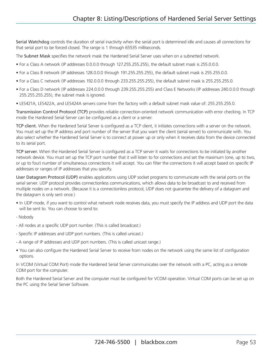 Black Box LES424A, LES422A, LES421A manual Listing/Descriptions of Hardened Serial Server Settings 