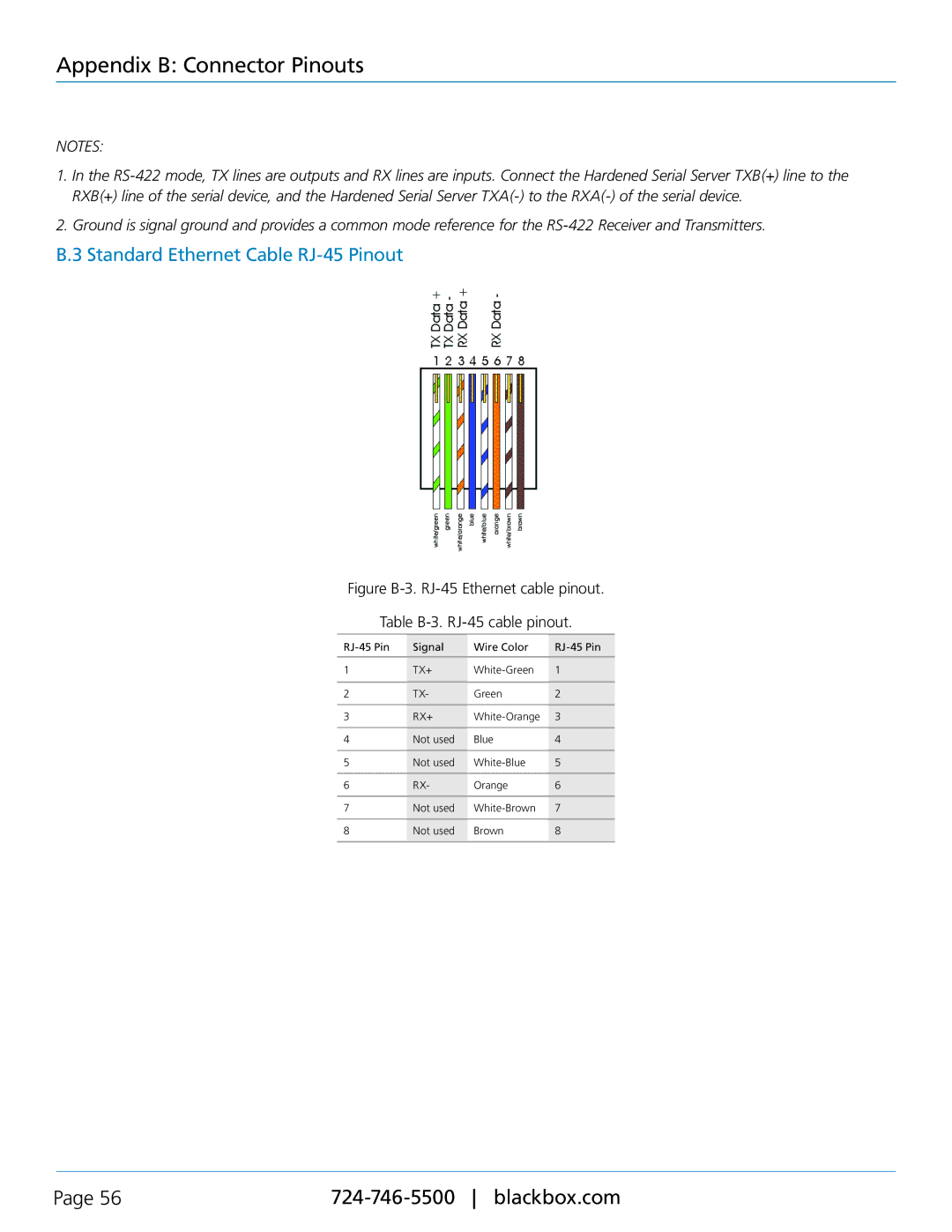 Black Box LES422A, LES424A, LES421A, 1-, 2-, and 4-Port Hardened Serial Servers manual Standard Ethernet Cable RJ-45 Pinout 