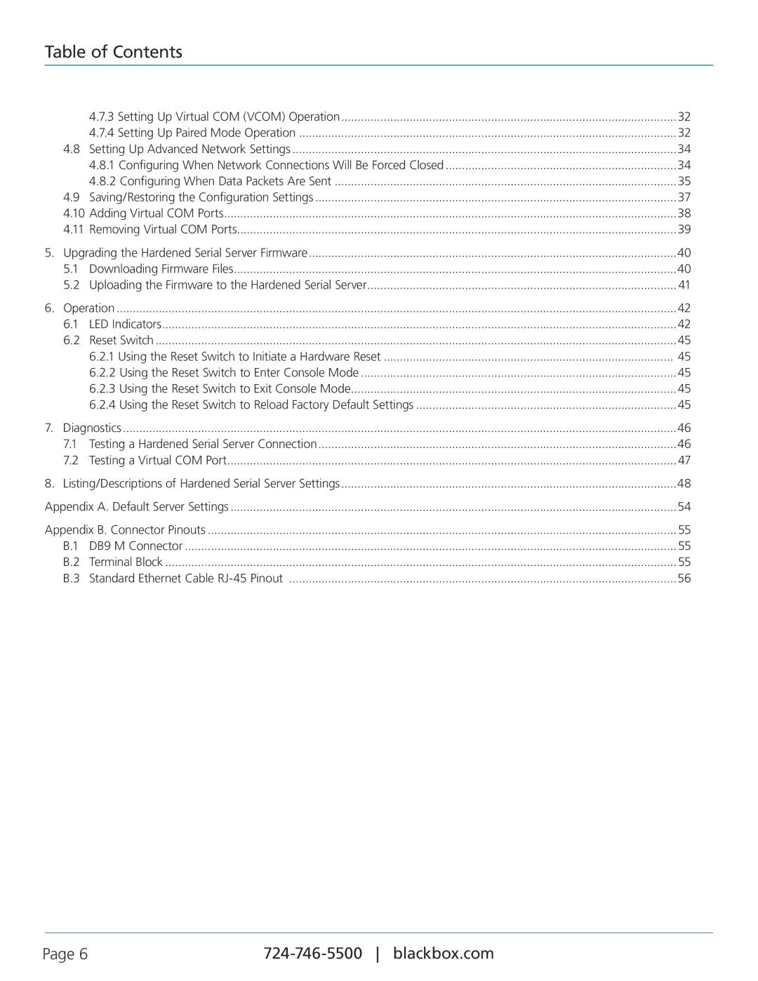 Black Box LES421A, LES422A, LES424A, 1-, 2-, and 4-Port Hardened Serial Servers manual Table of Contents 