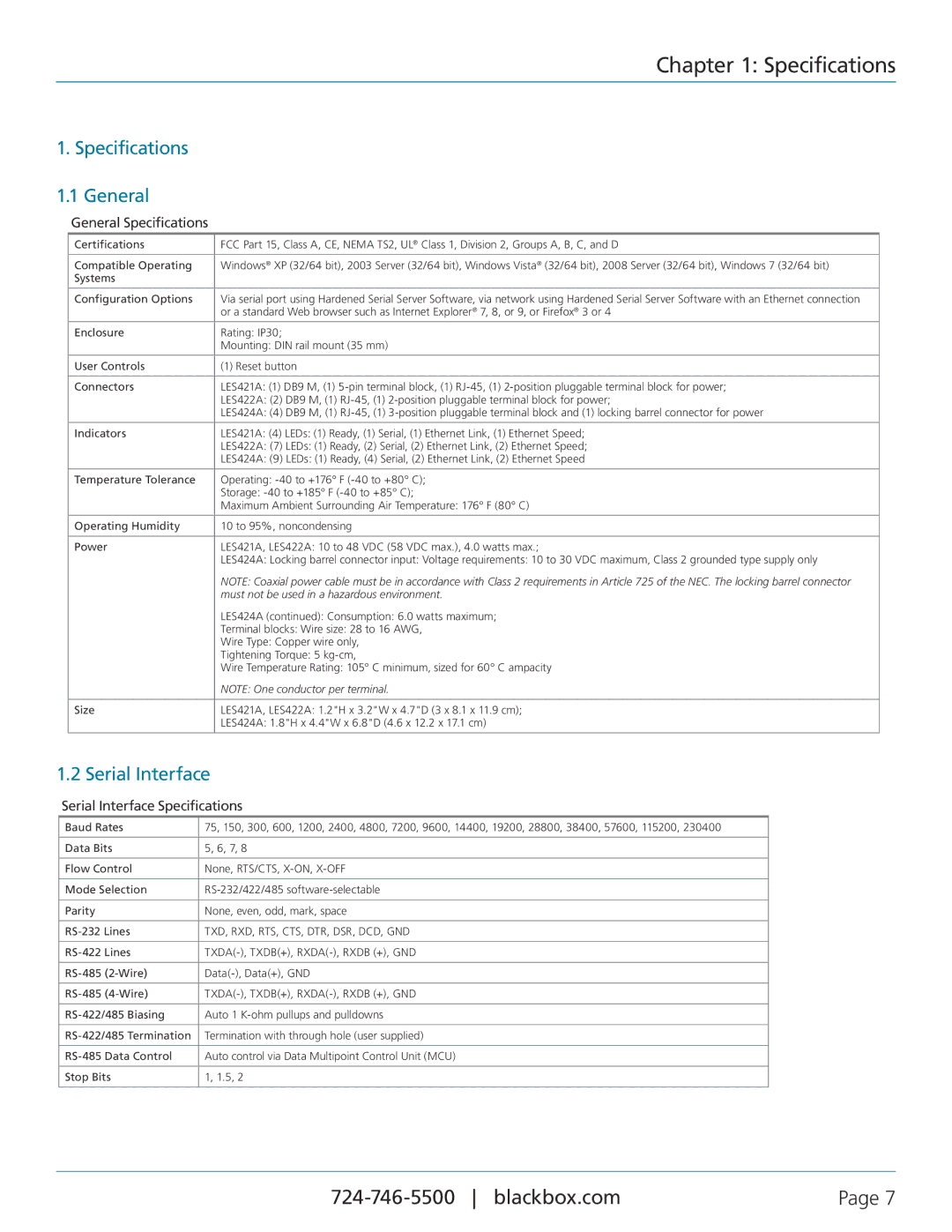 Black Box 1-, 2-, and 4-Port Hardened Serial Servers, LES422A, LES424A, LES421A Specifications General, Serial Interface 