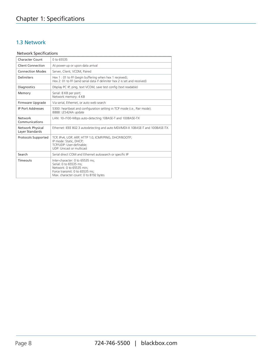 Black Box LES422A, LES424A, LES421A, 1-, 2-, and 4-Port Hardened Serial Servers manual Network Specifications 