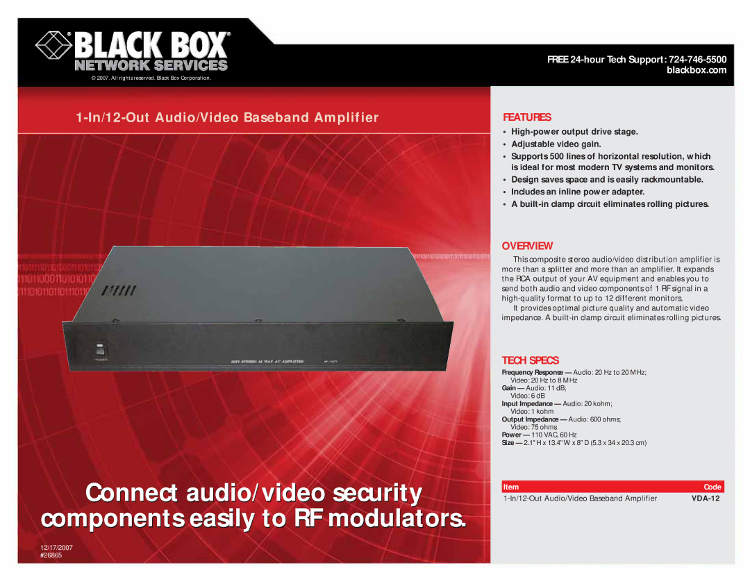 Black Box 1-In/12-Out Audio/Video Baseband Amplifier manual Features, Overview, Tech Specs 