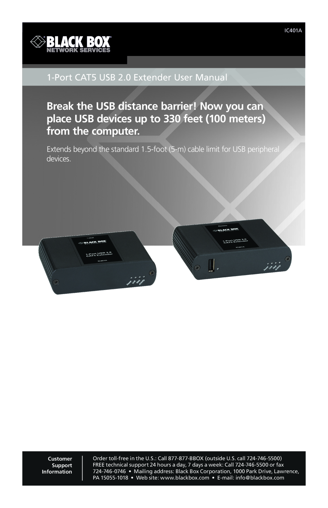 Black Box 1-Port CAT5 USB 2.0 Extender User Manua, IC401A user manual Customer Support Information 